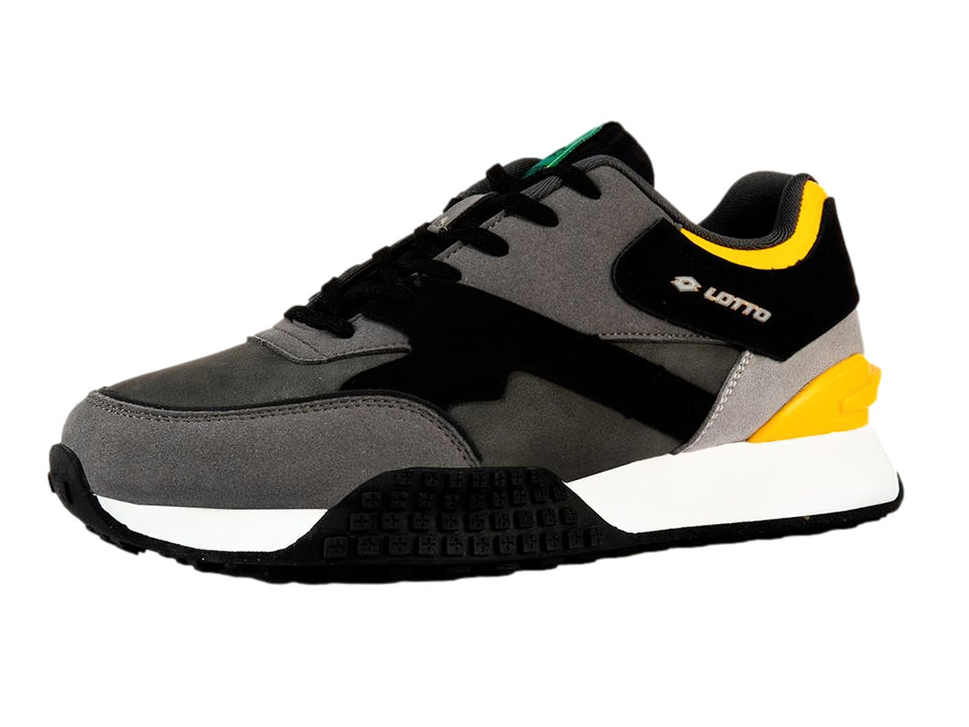 Tenis deportivos Lotto en colores gris, negro y amarillo con suela blanca y detalles verdes.