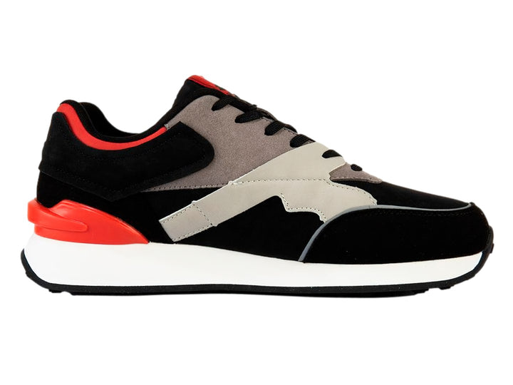 Tenis deportivos Lotto en colores negro, gris y rojo con suela blanca.