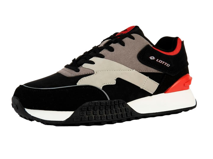 Tenis deportivos Lotto en colores negro, gris y rojo con suela blanca.