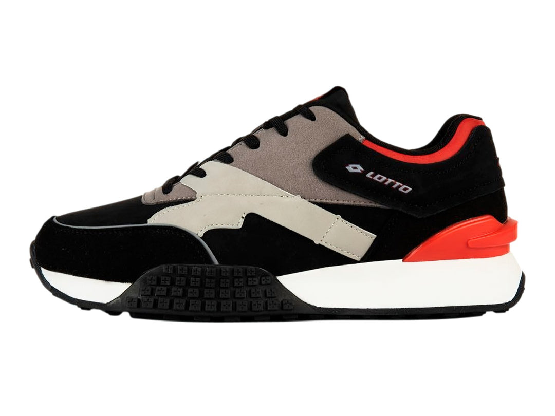 Tenis deportivos Lotto en colores negro, gris y rojo con suela blanca.