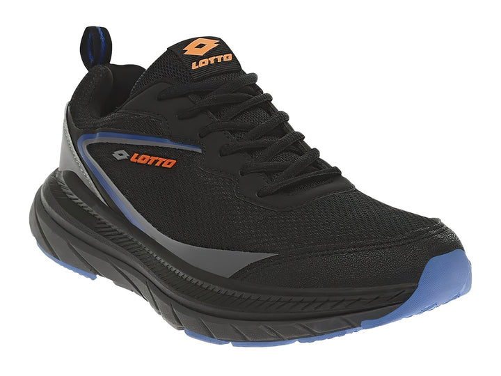 Tenis deportivos Lotto color negro con detalles en gris y naranja, vista lateral sobre fondo blanco.