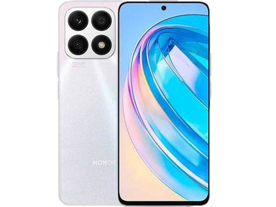Teléfono inteligente HONOR X8a en color plata, vista frontal y trasera con pantalla de 6.7 pulgadas.