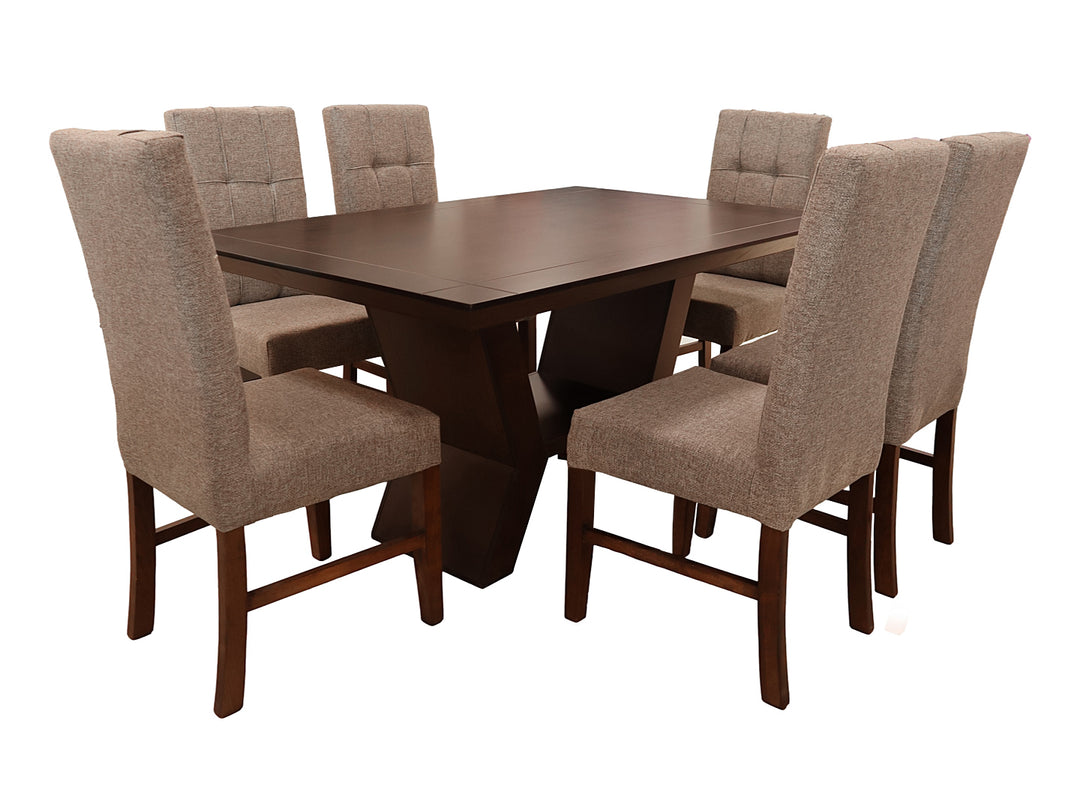 Conjunto de comedor Wenses Vianey color tabaco con mesa rectangular y seis sillas tapizadas.