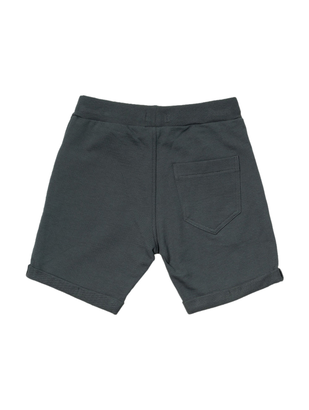 Bermuda color gris para niño con cintura elástica y cordones decorativos.