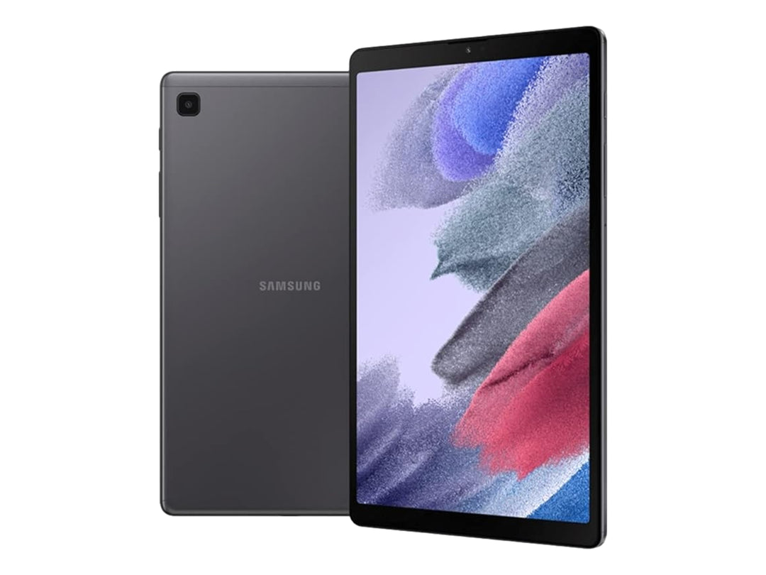 Tablet Samsung Galaxy Tab A7 Lite en color gris, vista frontal y trasera sobre fondo blanco.