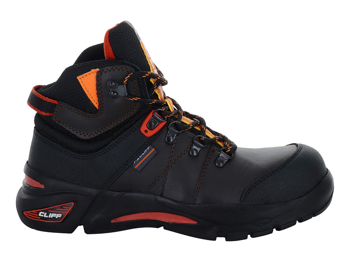 Bota de seguridad CLIFF color café oscuro con detalles en naranja y suela robusta.
