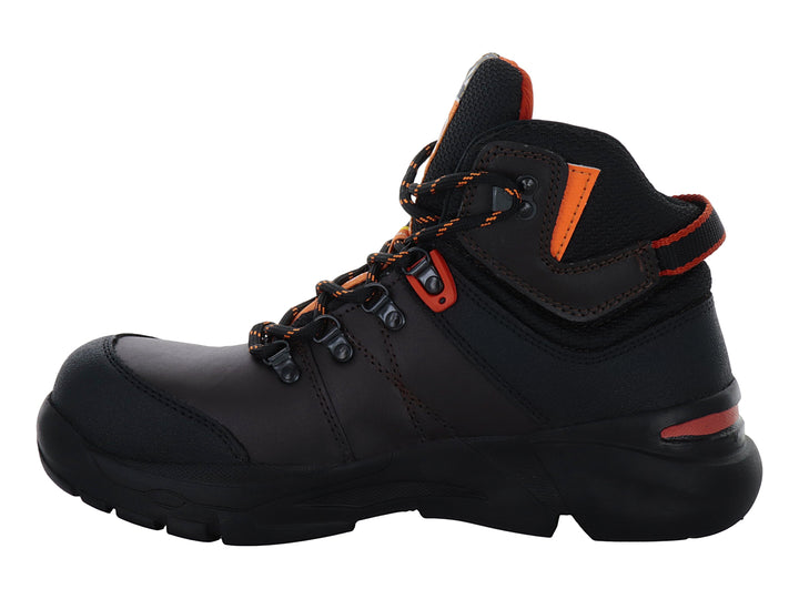 Bota de seguridad CLIFF color café oscuro con detalles en naranja y suela robusta.