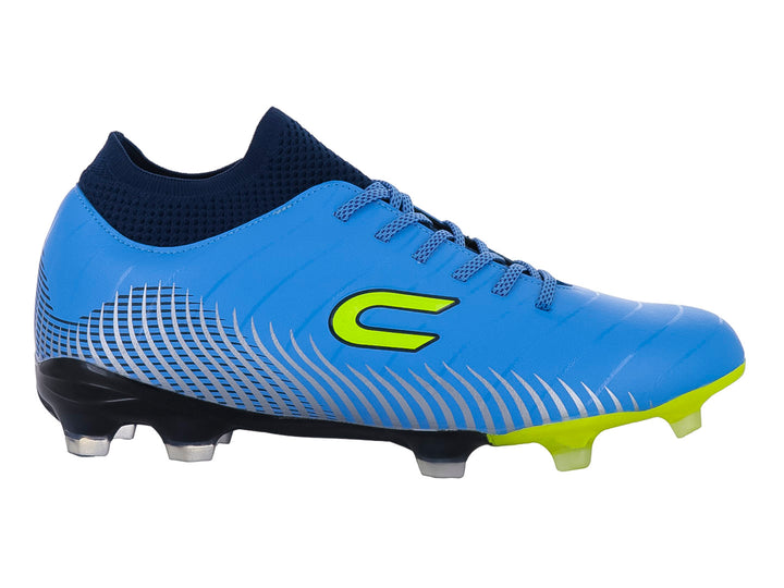 Calzado de fútbol color celeste con cuello marino y detalles en verde fluorescente.
