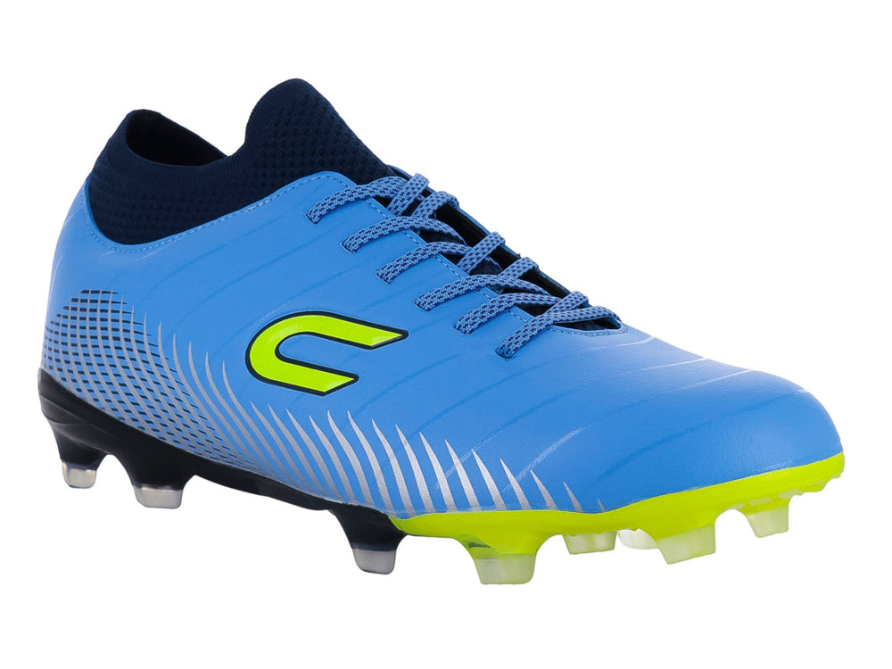 Calzado de fútbol color celeste con cuello marino y detalles en verde fluorescente.