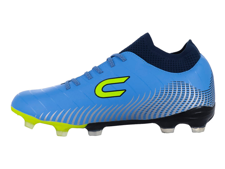 Calzado de fútbol color celeste con cuello marino y detalles en verde fluorescente.