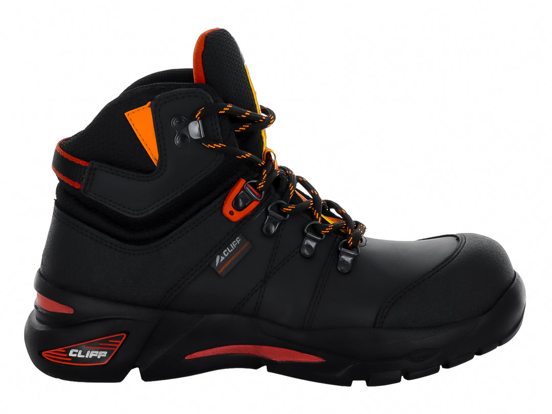 Bota de seguridad CLIFF modelo Strong en color negro con detalles en naranja y punta reforzada.