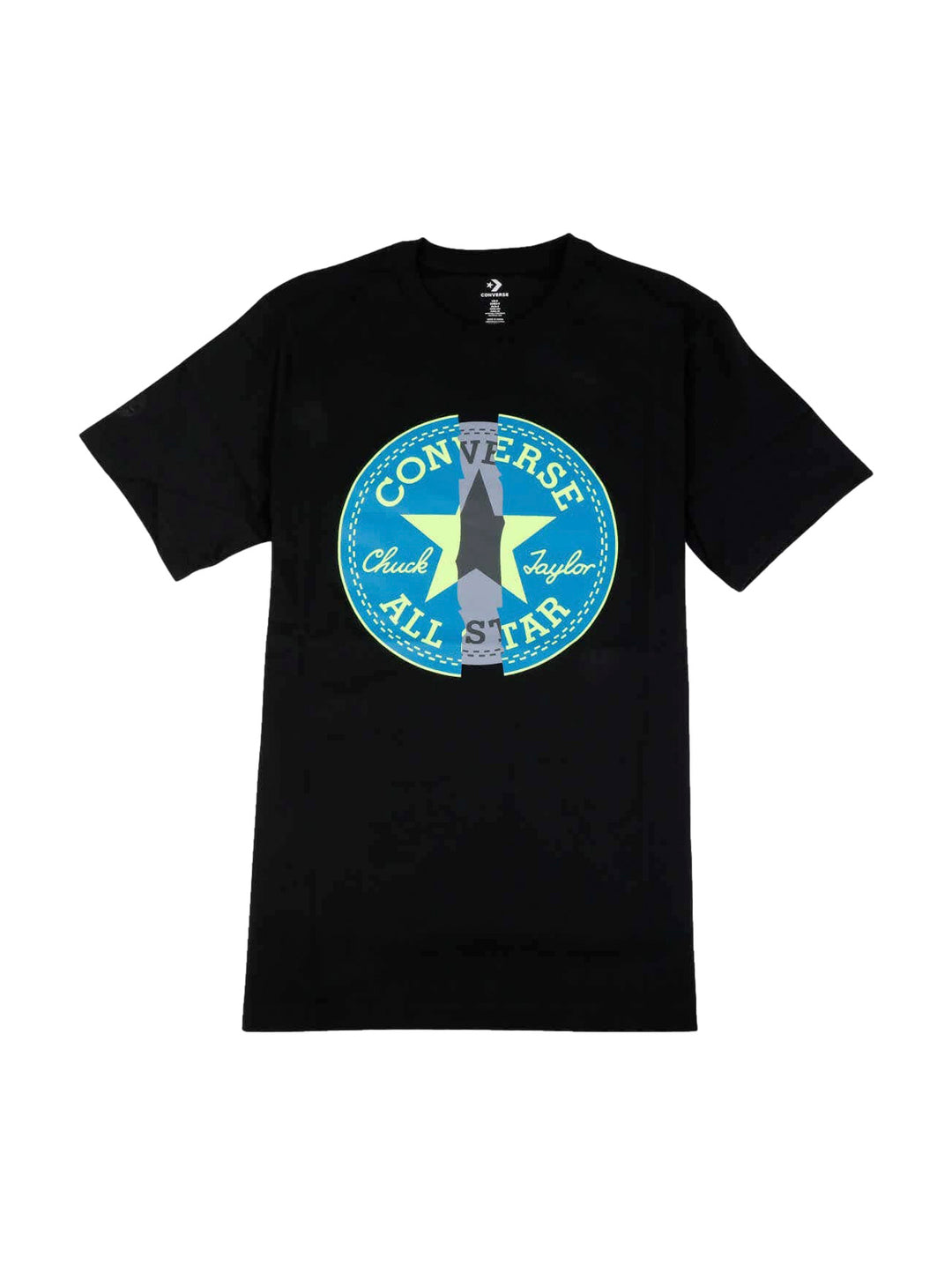 Playera negra de manga corta con logotipo circular de Converse All Star en el centro del pecho.