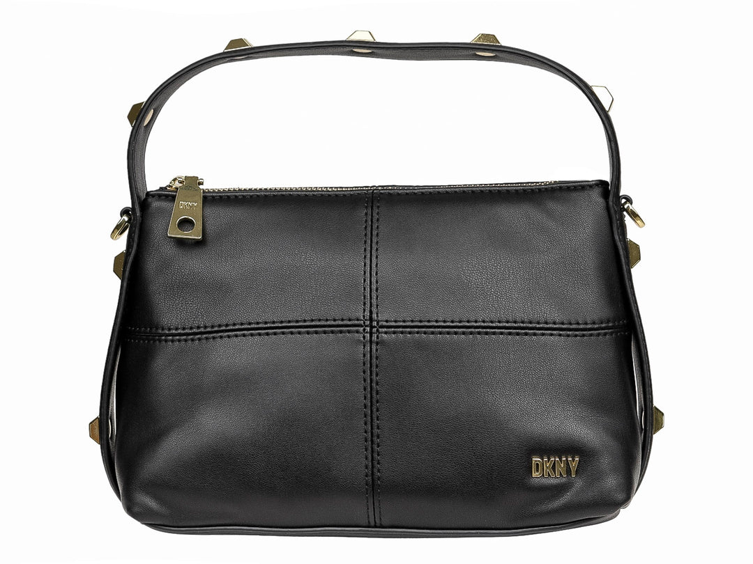 Bolso de hombro DKNY en cuero negro con detalles y herrajes en color dorado.