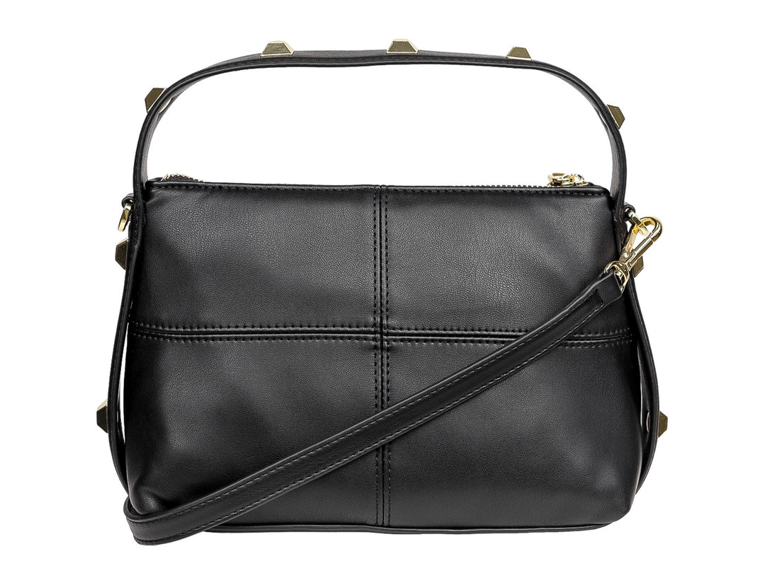 Bolso de hombro DKNY en cuero negro con detalles y herrajes en color dorado.