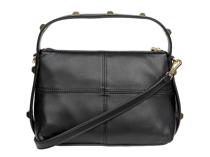 Bolso de hombro DKNY en cuero negro con detalles y herrajes en color dorado.