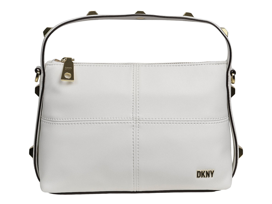 Bolso de hombro DKNY color blanco óptico con detalles y herrajes en tono dorado.