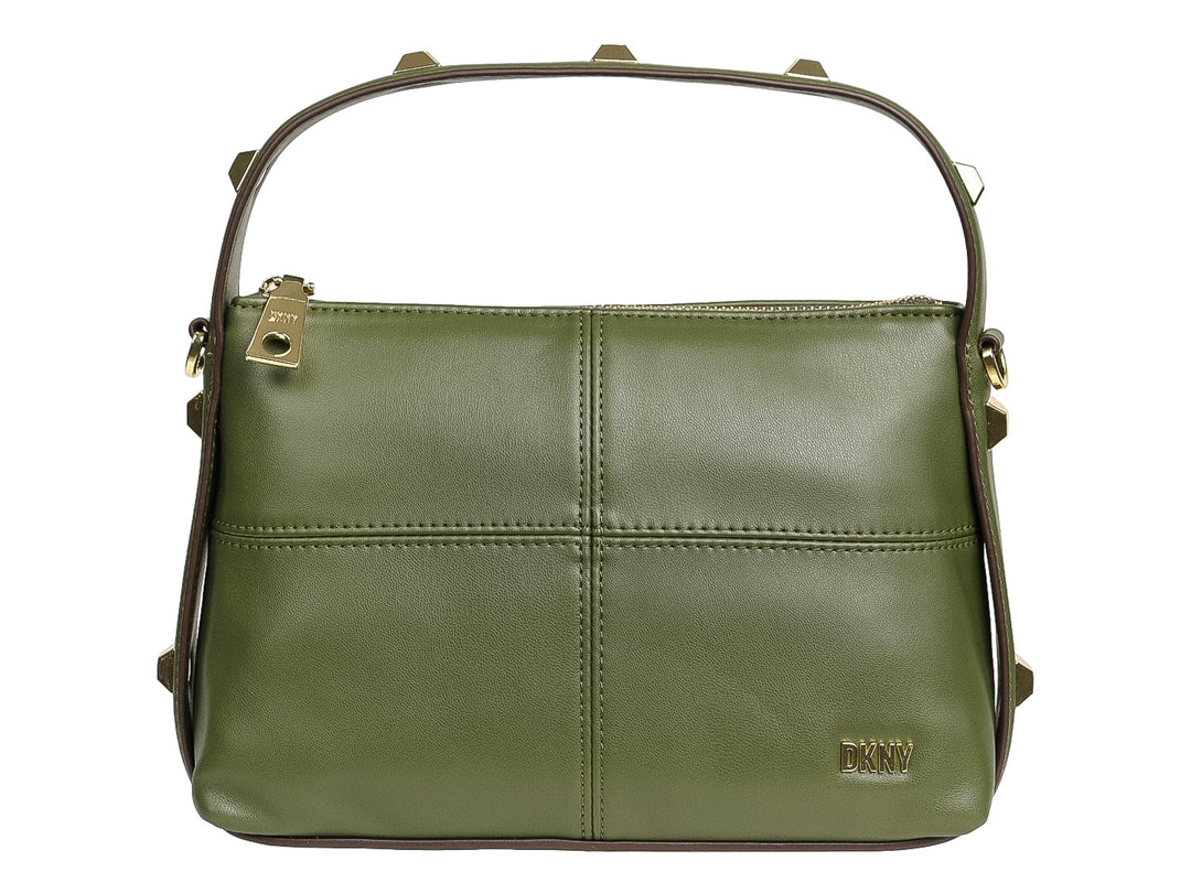 Bolso de mano DKNY color verde army con detalles dorados y asa curva.