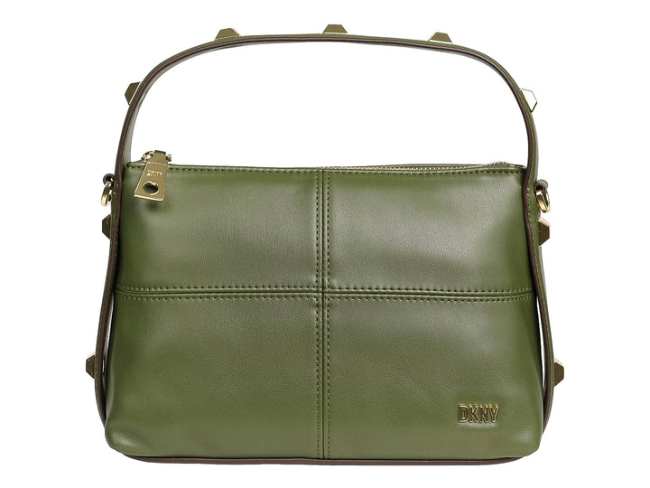 Bolso de mano DKNY color verde army con detalles dorados y asa curva.