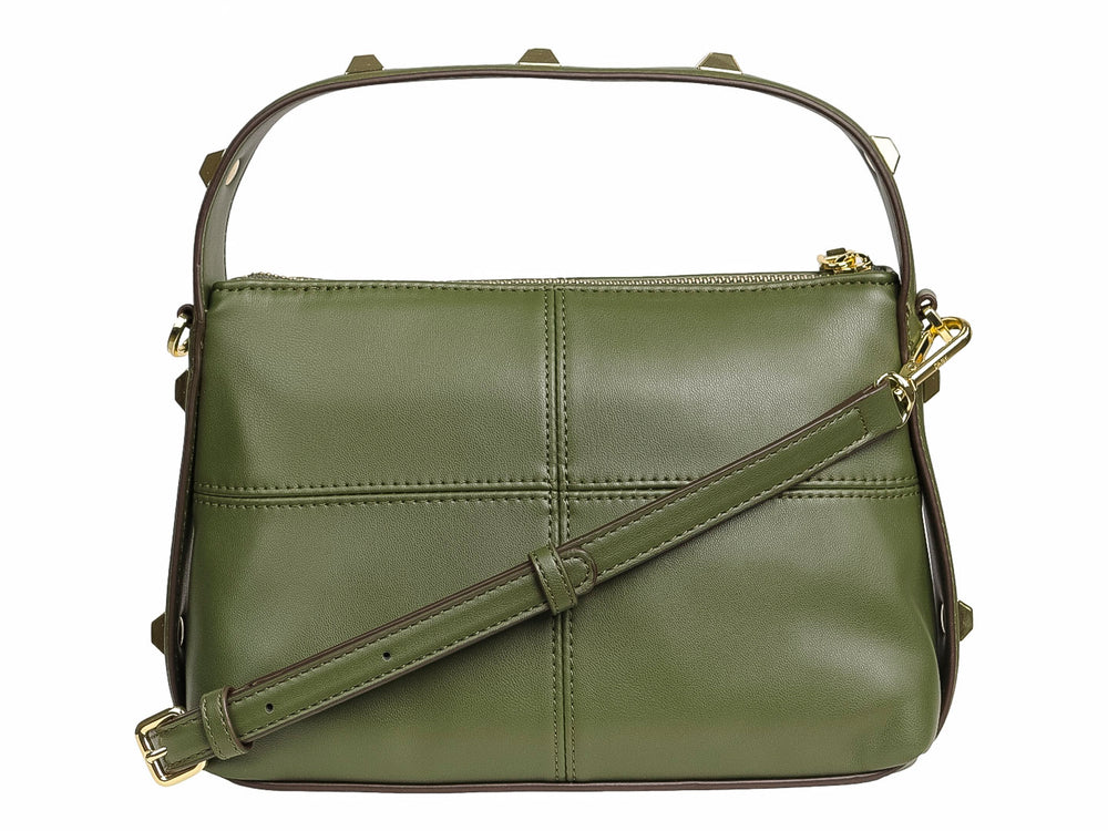 Bolso de mano DKNY color verde army con detalles dorados y asa curva.
