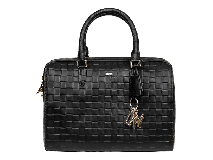 Bolso de mano DKNY color negro con textura tejida, asas superiores y herrajes dorados.