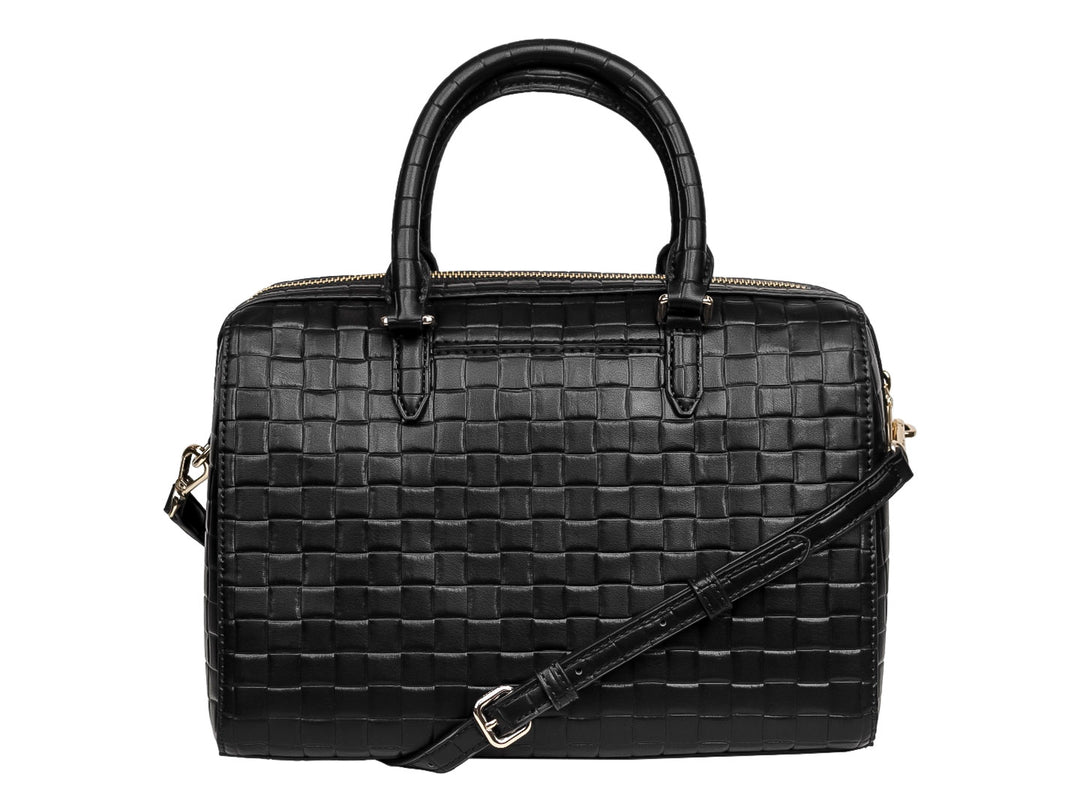 Bolso de mano DKNY color negro con textura tejida, asas superiores y herrajes dorados.