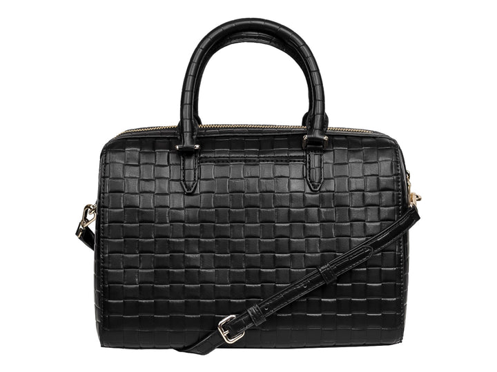 Bolso de mano DKNY color negro con textura tejida, asas superiores y herrajes dorados.