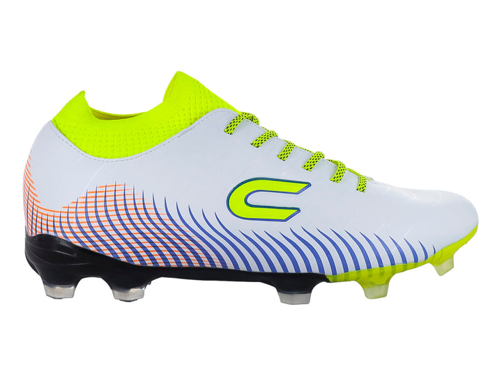 Zapato de fútbol Court color blanco y amarillo con detalles laterales en azul y naranja.