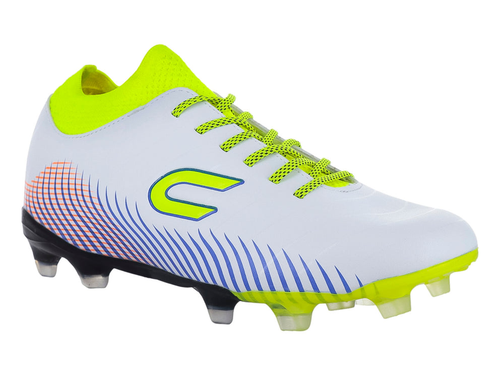 Zapato de fútbol Court color blanco y amarillo con detalles laterales en azul y naranja.