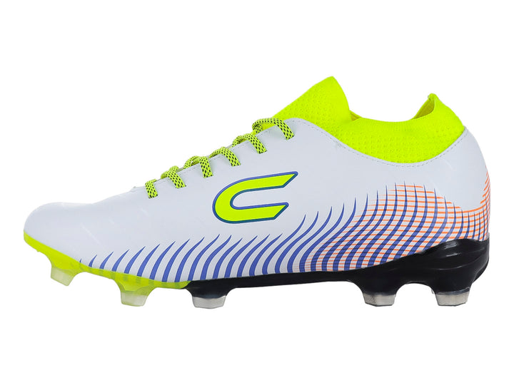 Zapato de fútbol Court color blanco y amarillo con detalles laterales en azul y naranja.