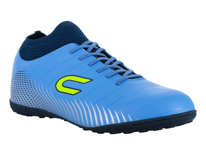 Zapato de fútbol Court color celeste y marino con detalles en amarillo y plata.