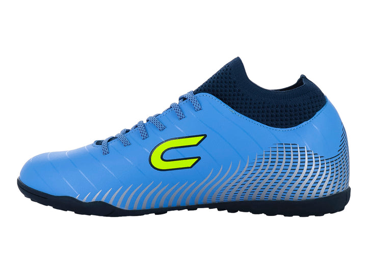 Zapato de fútbol Court color celeste y marino con detalles en amarillo y plata.