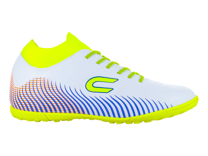 Zapato de fútbol Court blanco con detalles en amarillo y rayas laterales en azul y naranja.