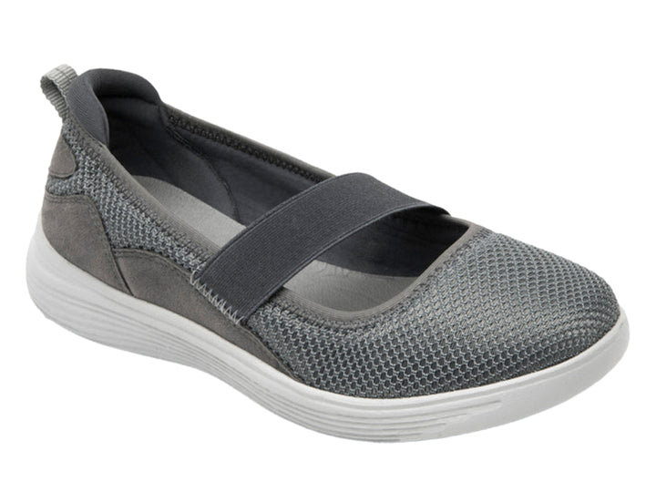 Zapato plano Flexi para mujer en color gris con acabado textil y suela blanca.
