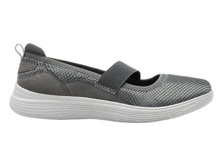 Zapato plano Flexi para mujer en color gris con acabado textil y suela blanca.