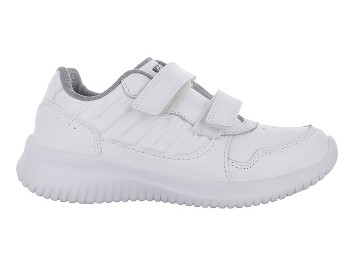 Tenis deportivos blancos para niño con cierre de velcro y suela blanca texturizada.