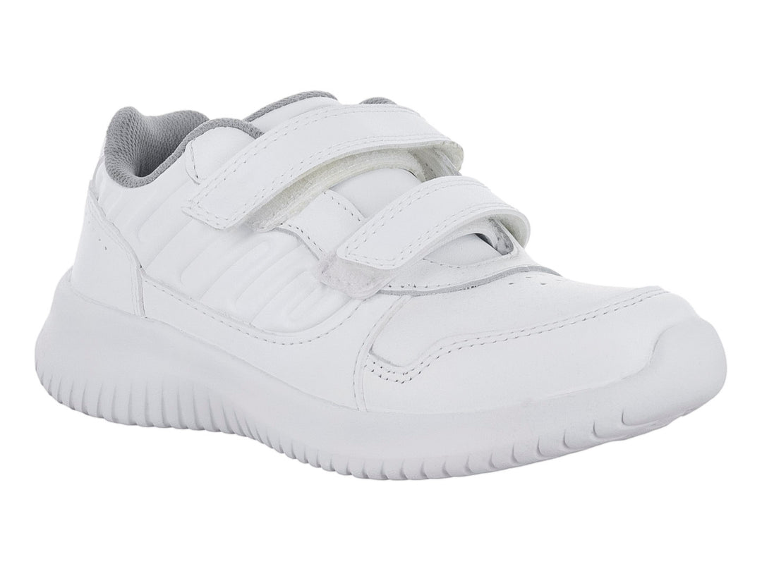 Tenis deportivos blancos para niño con cierre de velcro y suela blanca texturizada.