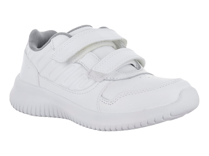 Tenis deportivos blancos para niño con cierre de velcro y suela blanca texturizada.
