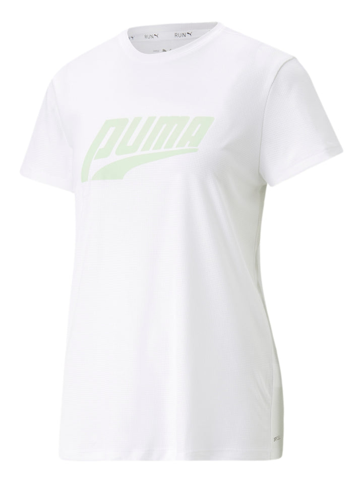 Playera deportiva PUMA blanca de manga corta con logotipo en color verde menta claro en el pecho.