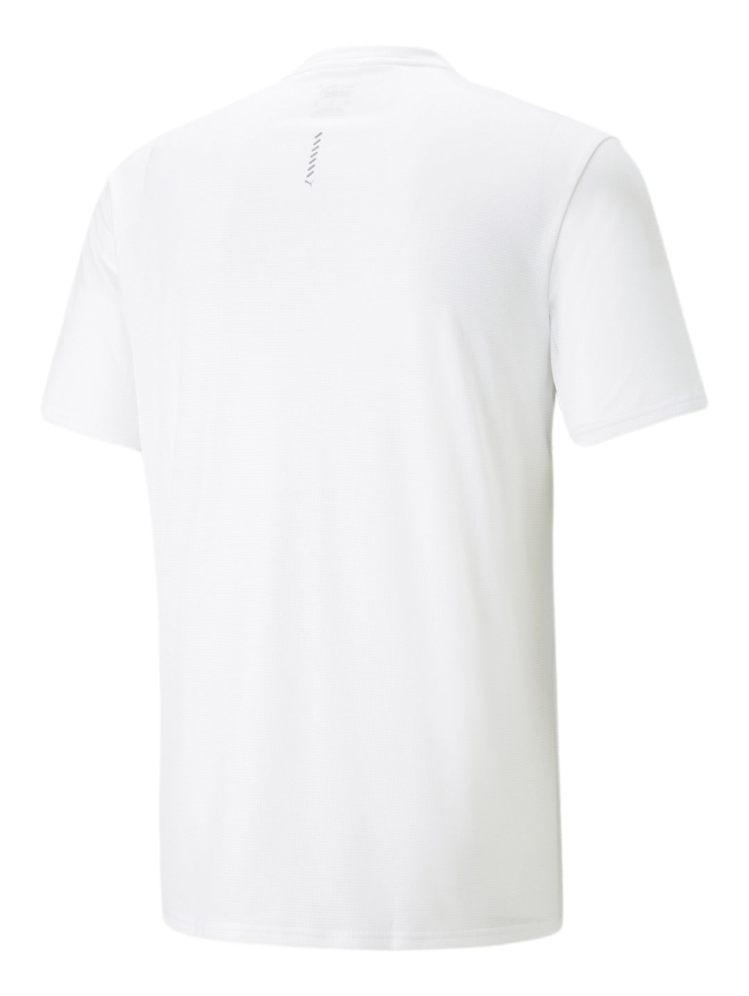 Camiseta deportiva PUMA blanca con estampado gráfico en colores verde menta y negro.