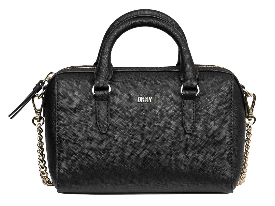 Bolso negro DKNY con textura, asas superiores y cadena dorada.