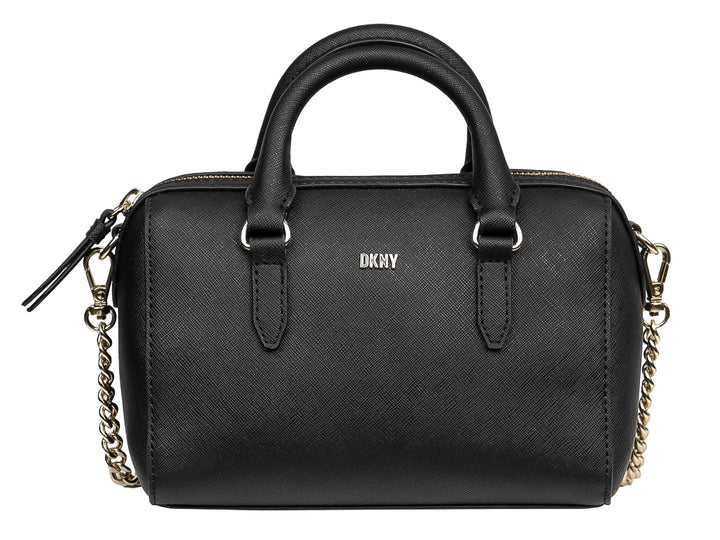 Bolso negro DKNY con textura, asas superiores y cadena dorada.