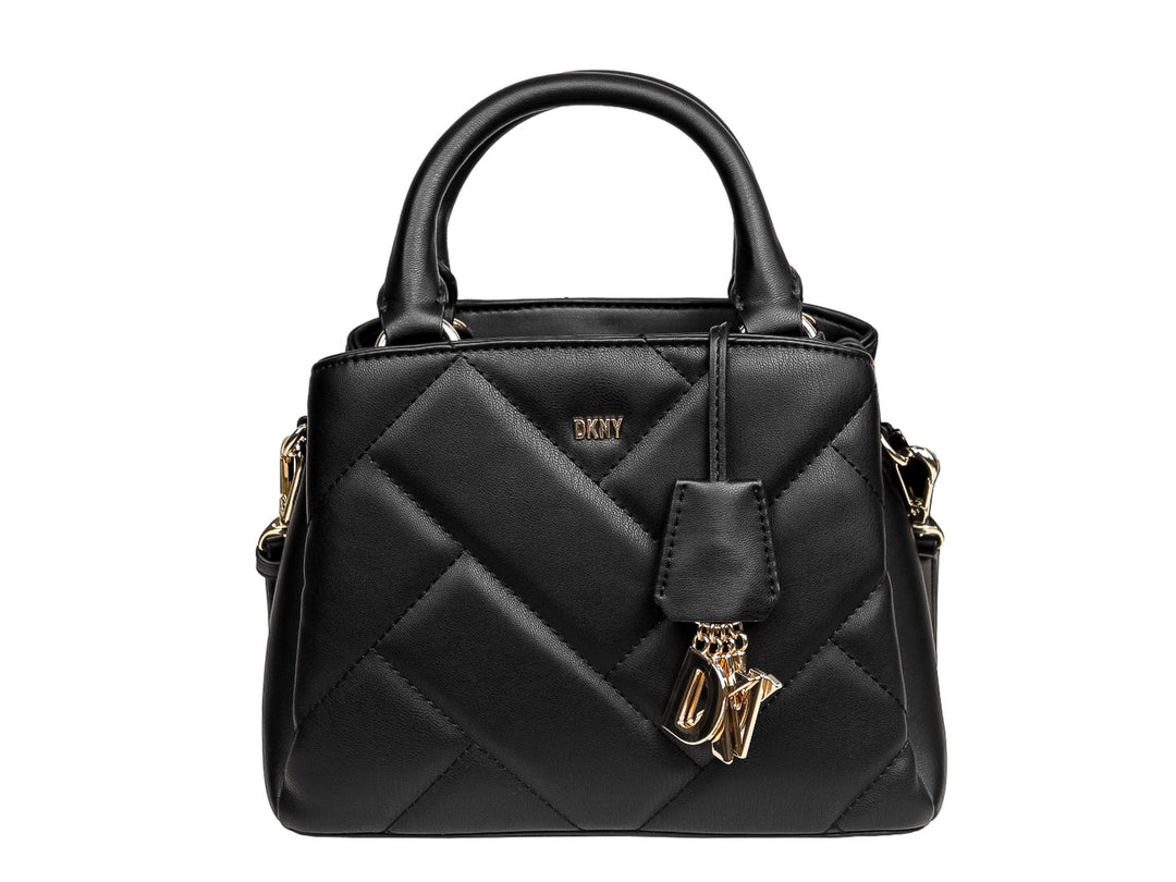 Bolso de mano DKNY color negro con diseño acolchado en chevron y detalles metálicos en dorado.
