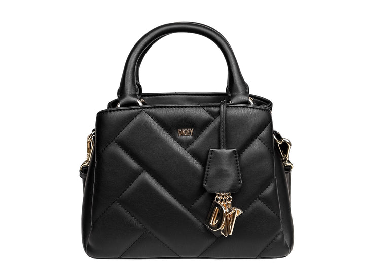 Bolso de mano DKNY color negro con diseño acolchado en chevron y detalles metálicos en dorado.