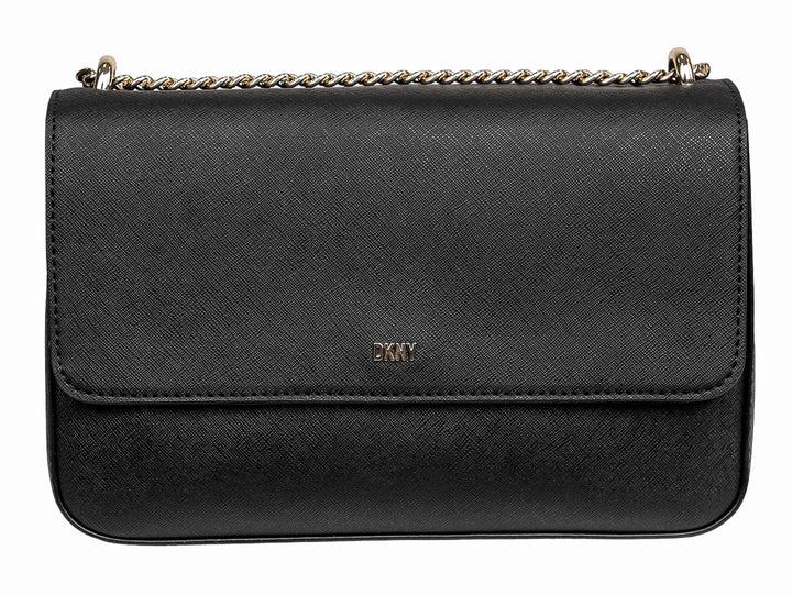Bolsa de hombro DKNY color negro con textura granulada y correa de cadena dorada.