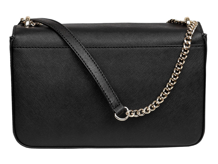 Bolsa de hombro DKNY color negro con textura granulada y correa de cadena dorada.