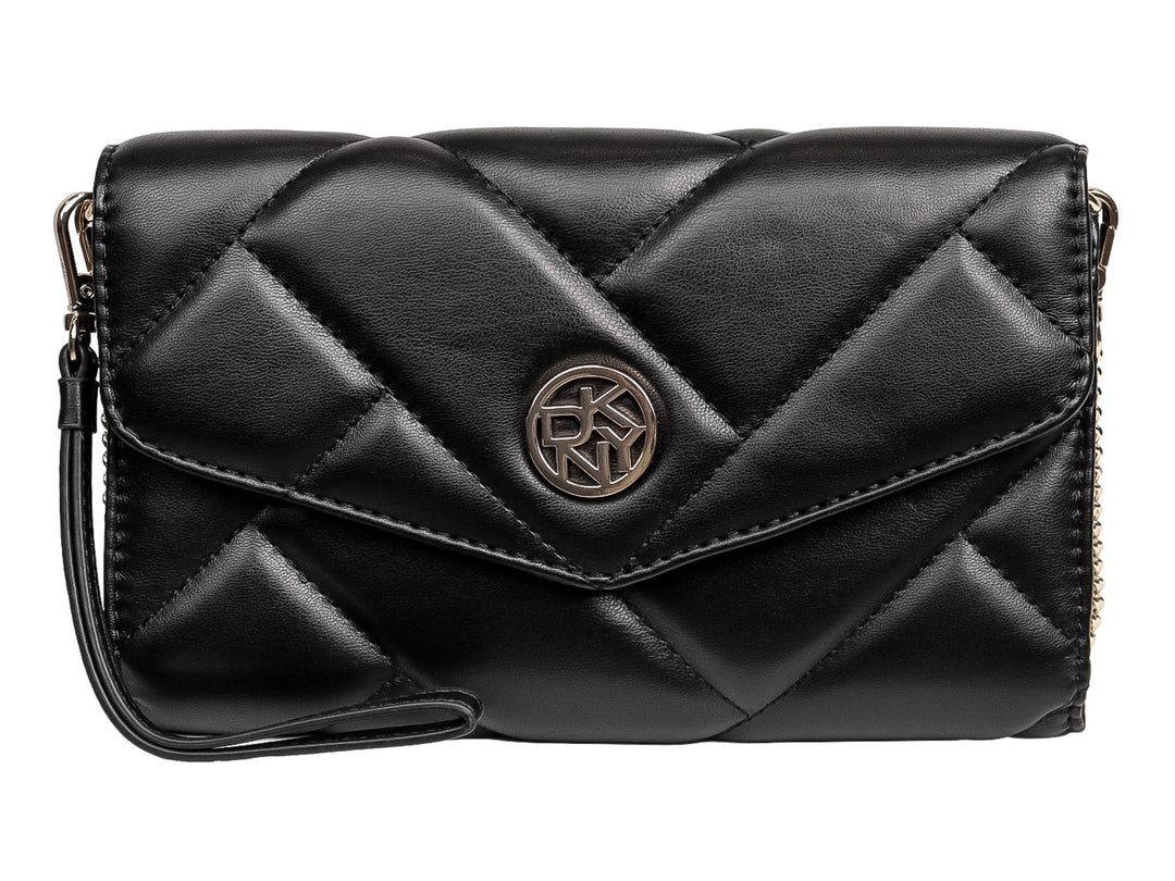 Bolso de hombro DKNY color negro con diseño acolchado geométrico y cierre frontal con logo metálico dorado.