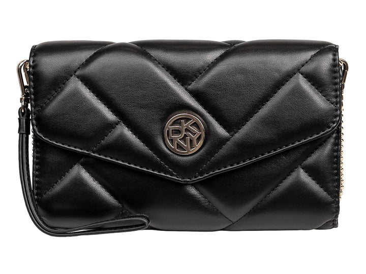 Bolso de hombro DKNY color negro con diseño acolchado geométrico y cierre frontal con logo metálico dorado.