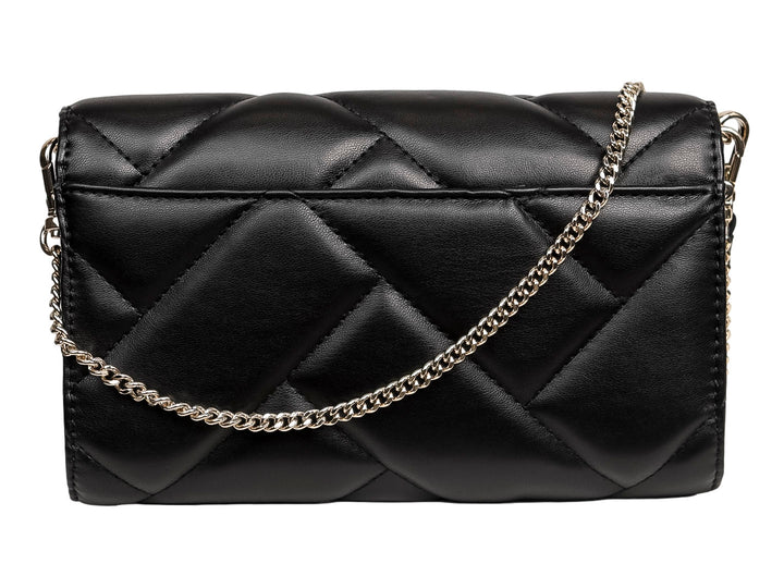 Bolso de hombro DKNY color negro con diseño acolchado geométrico y cierre frontal con logo metálico dorado.