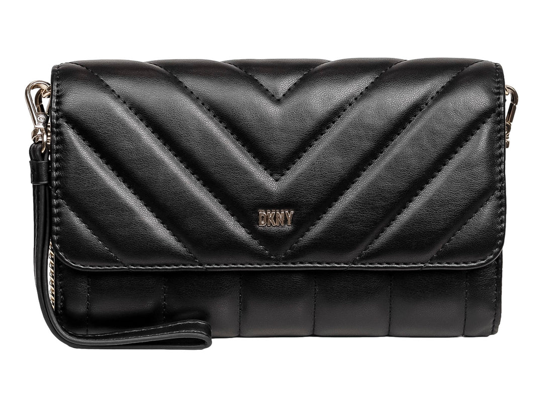 Bolso de hombro DKNY color negro con diseño acolchado en forma de chevron y logotipo dorado frontal.