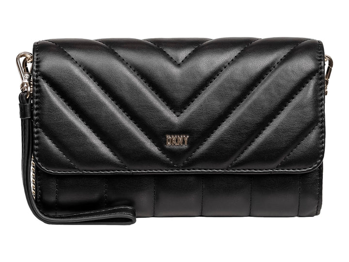 Bolso de hombro DKNY color negro con diseño acolchado en forma de chevron y logotipo dorado frontal.